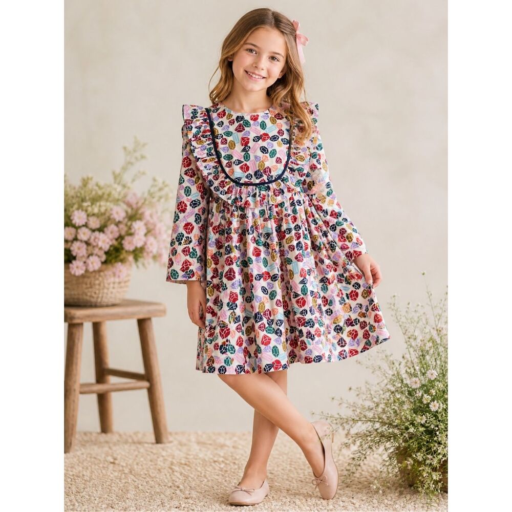NWT Pink Chicken Girls Printed Ruffle Bib Dress | Whimsical Floral Long Sleeve,